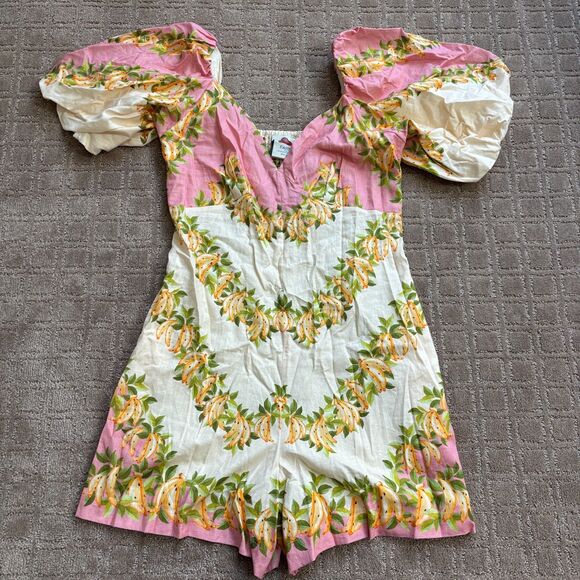 Farm Rio x Anthropologie V-Neck Puff-Sleeve Linen Romper Women's M Pink Tropical - Picture 3 of 10